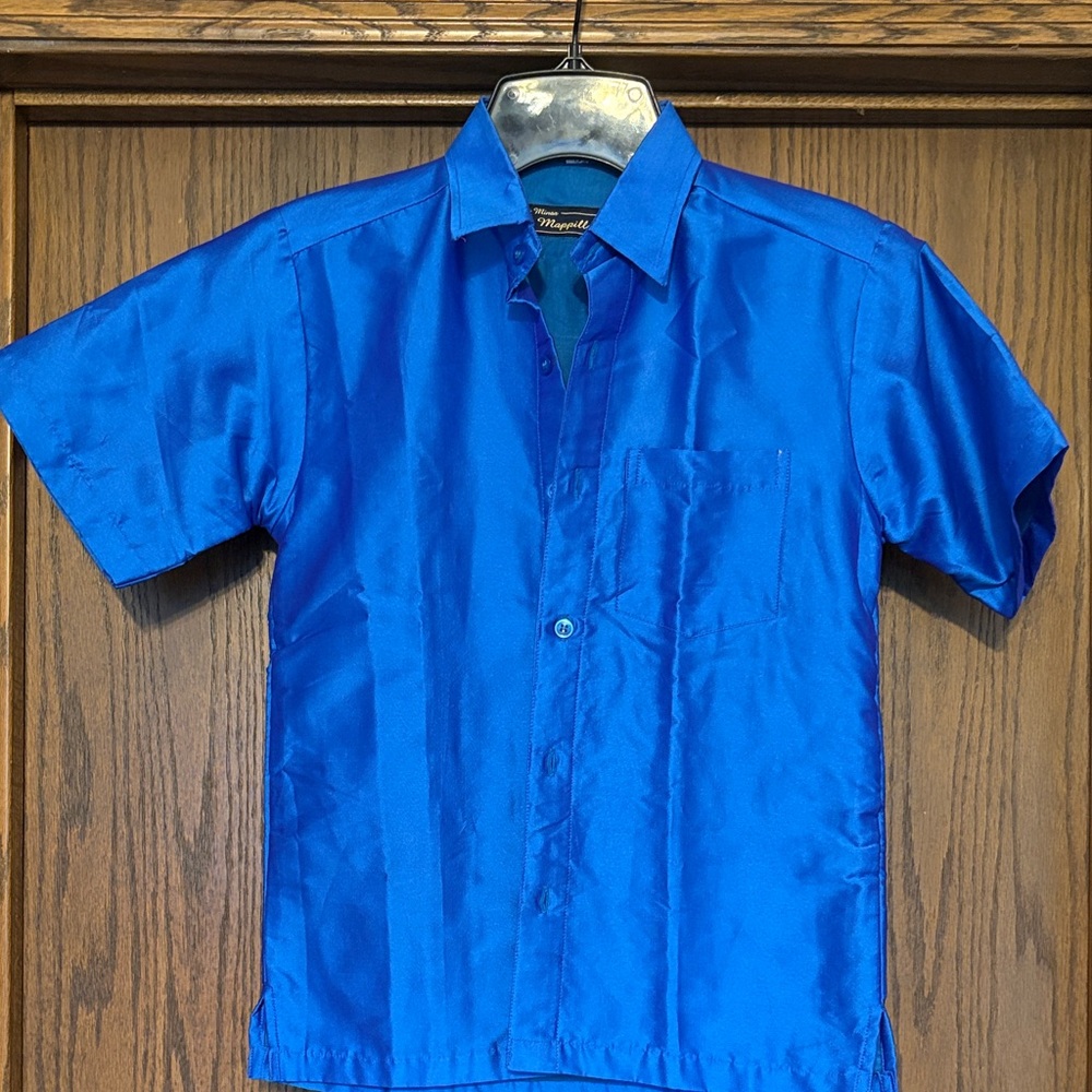 Beautiful shimmering blue dress shirt, size 10, short sleeve with collar